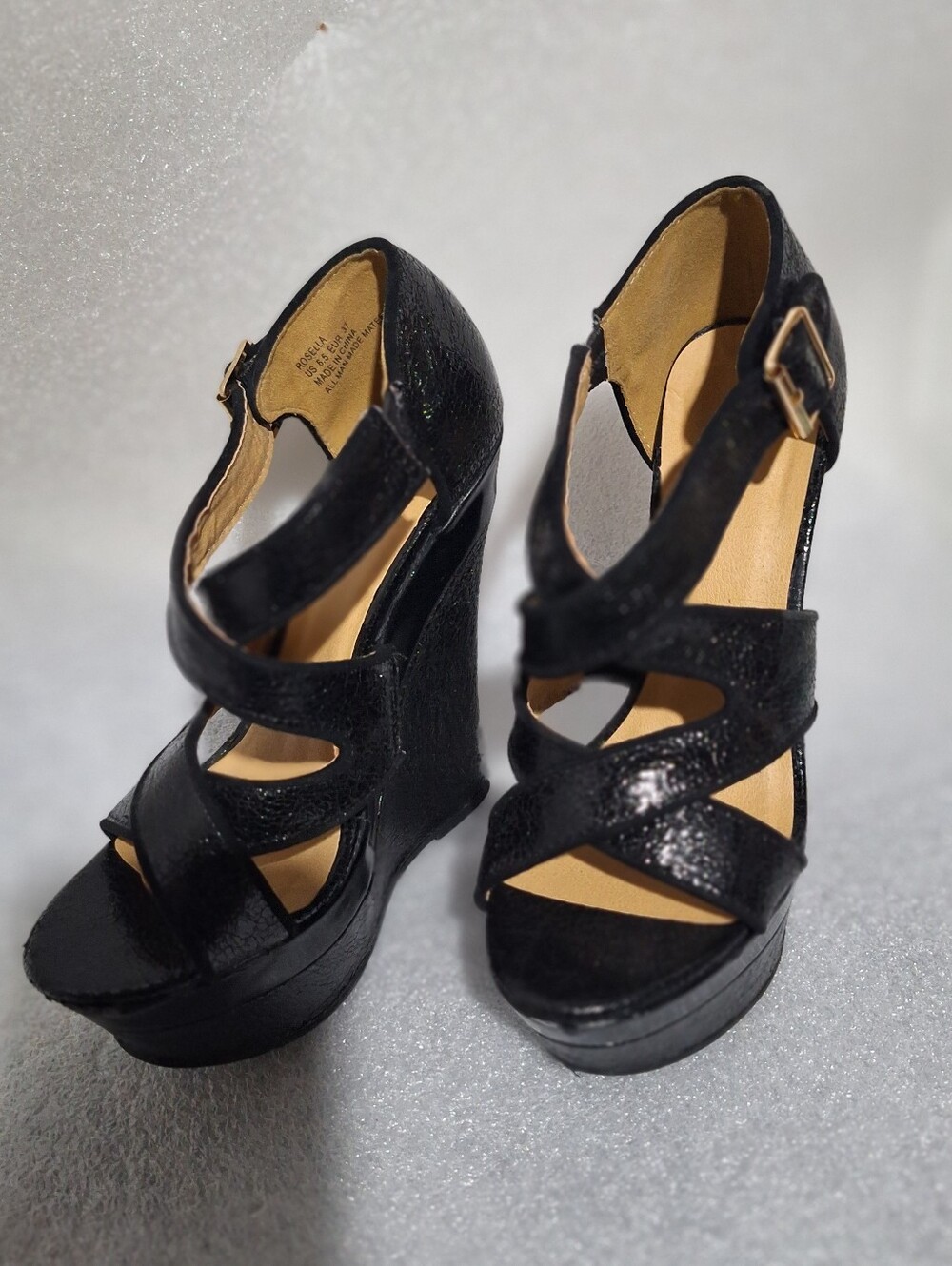 Black Strappy Wedge Heels - Women's Dress Sandals